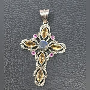 Nicky Butler Sterling Silver Cross Multi Gemstone Pendant - 2" - 6 Grams